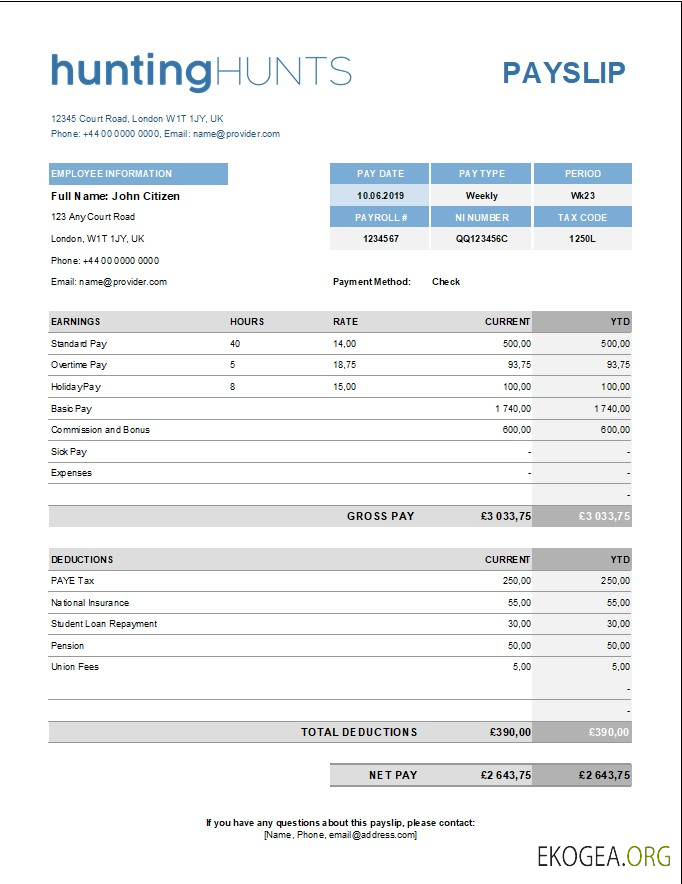modèle de bulletin de paie d'une entreprise de chasse aux formats Excel et PDF